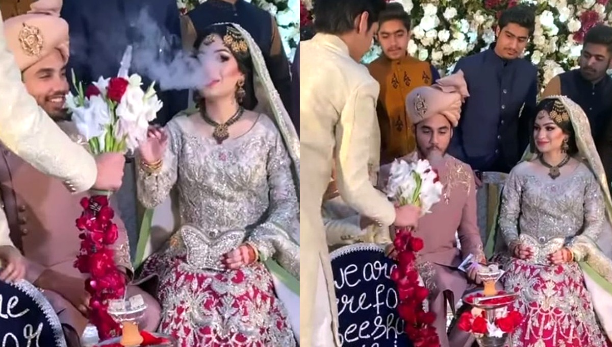 اب دودھ پلائی کی رسم نہیں ہوگی کیونکہ ۔۔۔  دولہا اور دلہن کی شیشا پلائی کی رسم، ویڈیو سوشل میڈیا پر وائرل