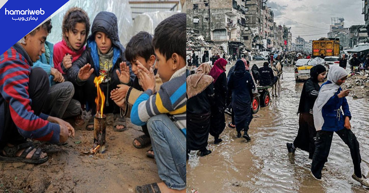 اسرائیلی بمباری سے متاثرہ فلسطینی شدید سردی اور بارش میں مشکلات کا شکار