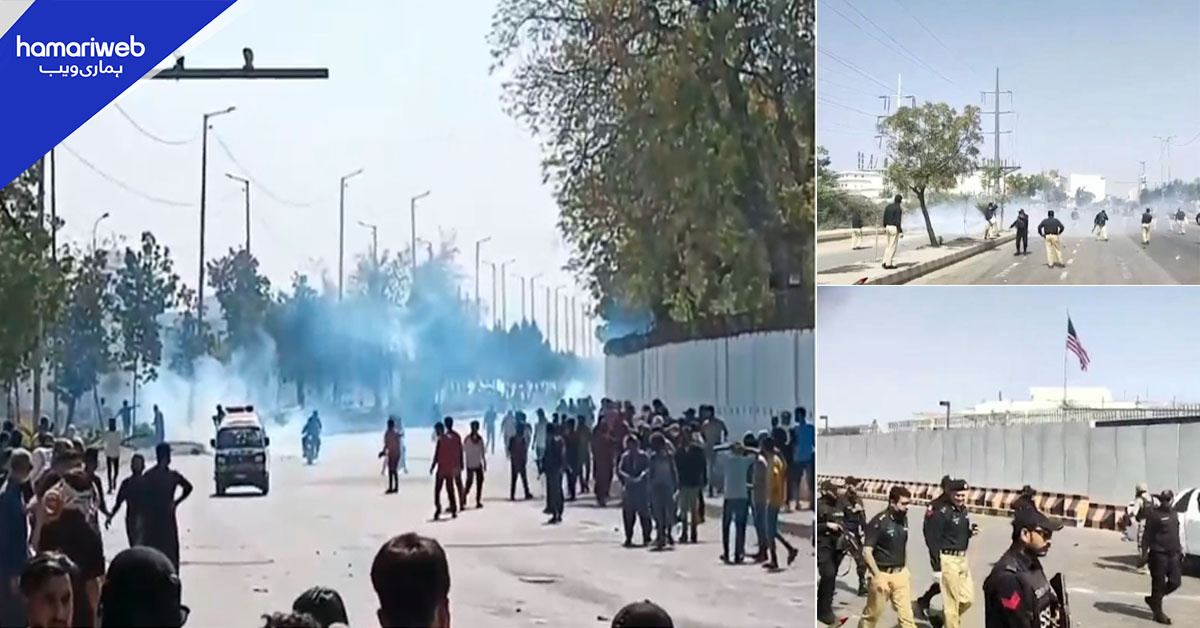 کراچی: امریکی قونصل خانے پر مظاہرین کا دھاوا، جھڑپیں، پولیس شیلنگ، 9 جاں بحق، 17 زخمی 