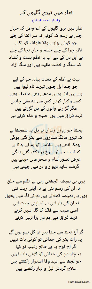 Nisar Mein Teri Galiyo Ke by Faiz Ahmed Faiz - Urdu Poetry
