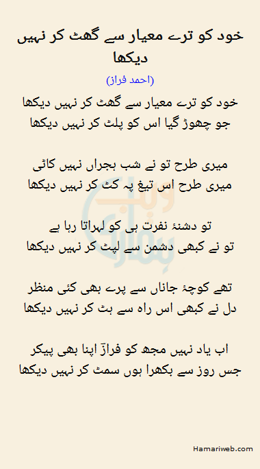 Khud Ko Tere Miyaar Se Ghatt Kar Nahi Dekha by Ahmed Faraz - Urdu Poetry