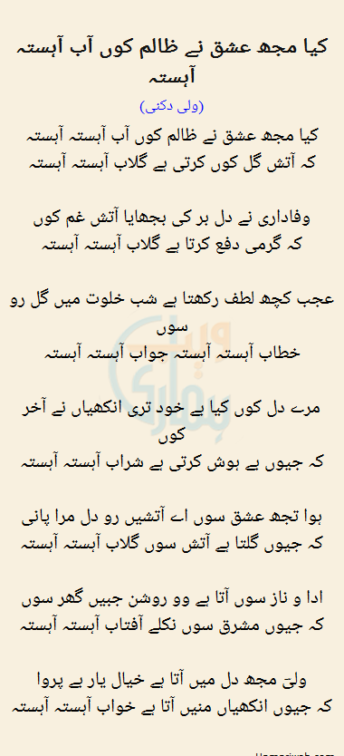 Wali Dakni Ki Shayari  Wali Dakni Unit 3 Ghazal Importanat point