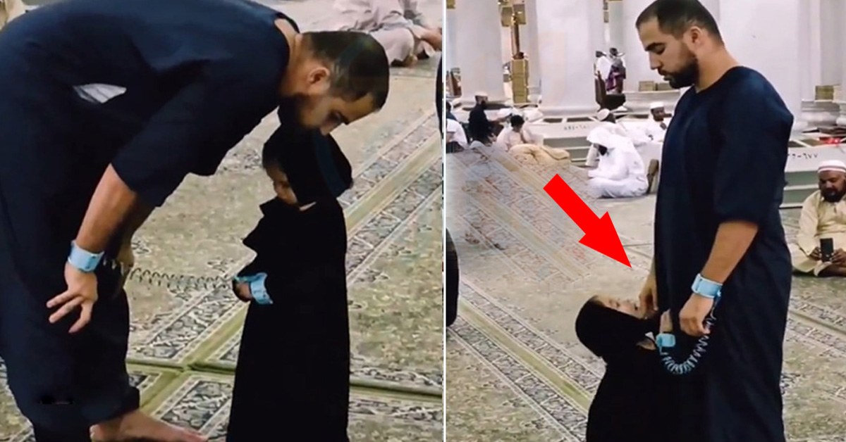 میری بچی کھو نہ جائے ۔۔ مسجد نبوی میں نماز کے دوران باپ نے بیٹی کو اپنے پاس کیسے رکھا؟ ویڈیو دیکھیں