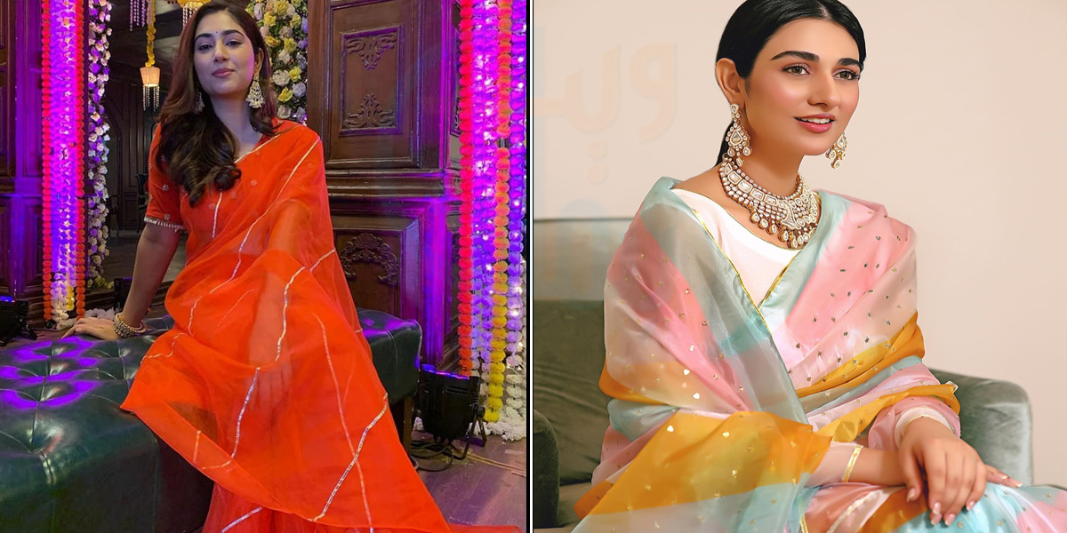 آرگنزا کی ساڑی اور سلک کا بلاؤز ۔۔ آج کل کیسی ساڑیوں کا فیشن ہے؟ دیکھیں منفرد سٹائل